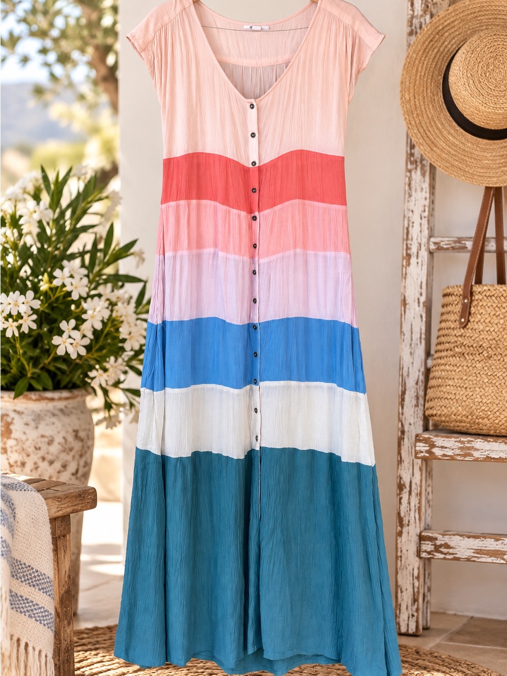 O'Neill Striped Button-Front Beach Dress in Coral, Pink, Blue & Teal - Picture 8 of 8
